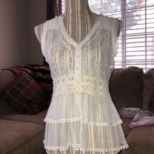 S&S Clothing. Sleeveless off-white lace sheer top